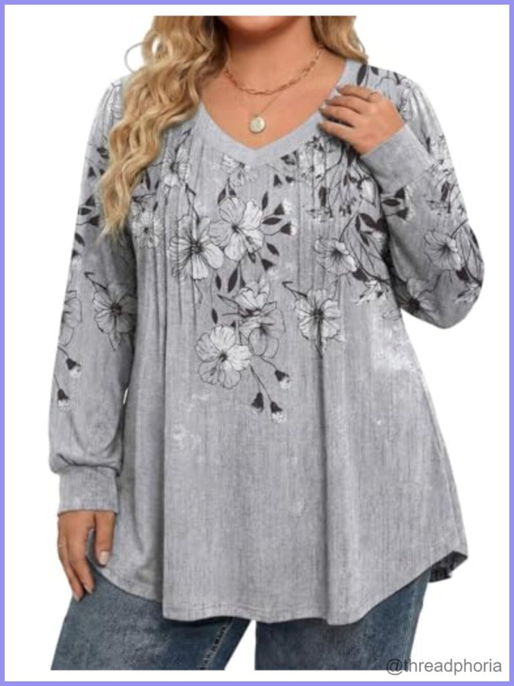 Plus Size Tunic Top Pleated V Neck Puff Long Sleeve Loose Fit Blouse